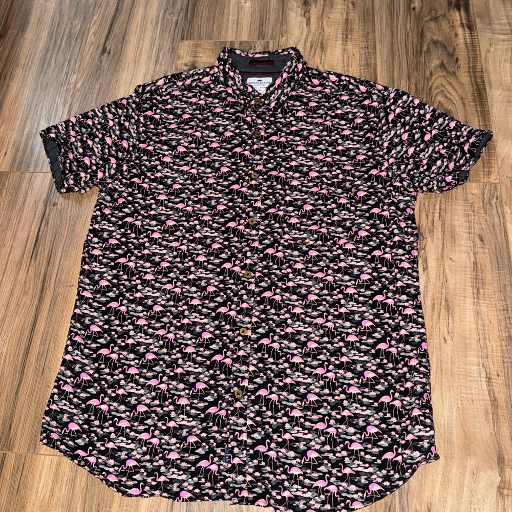 Flamingo Print Short Sleeve Button Down Shirt